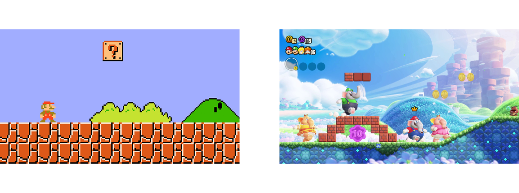 A picture showing both Super Mario Bros, and Super Mario Bros Wonder.