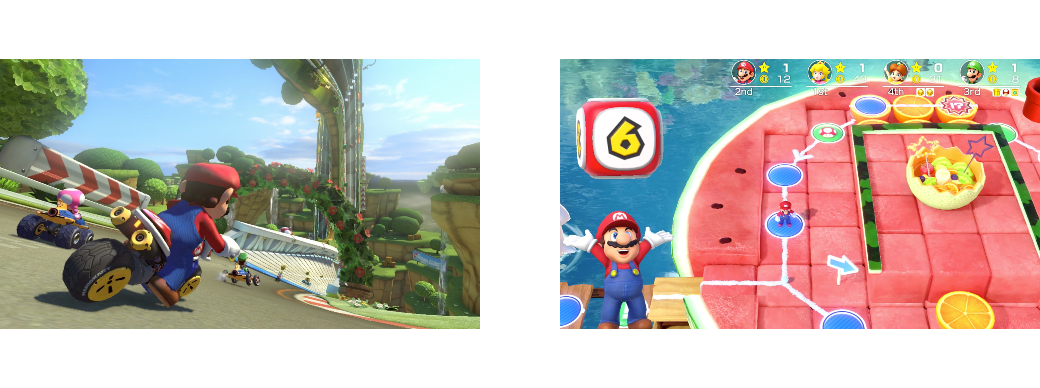 A picture showing both Mario Kart 8, and Mario Party Superstars.